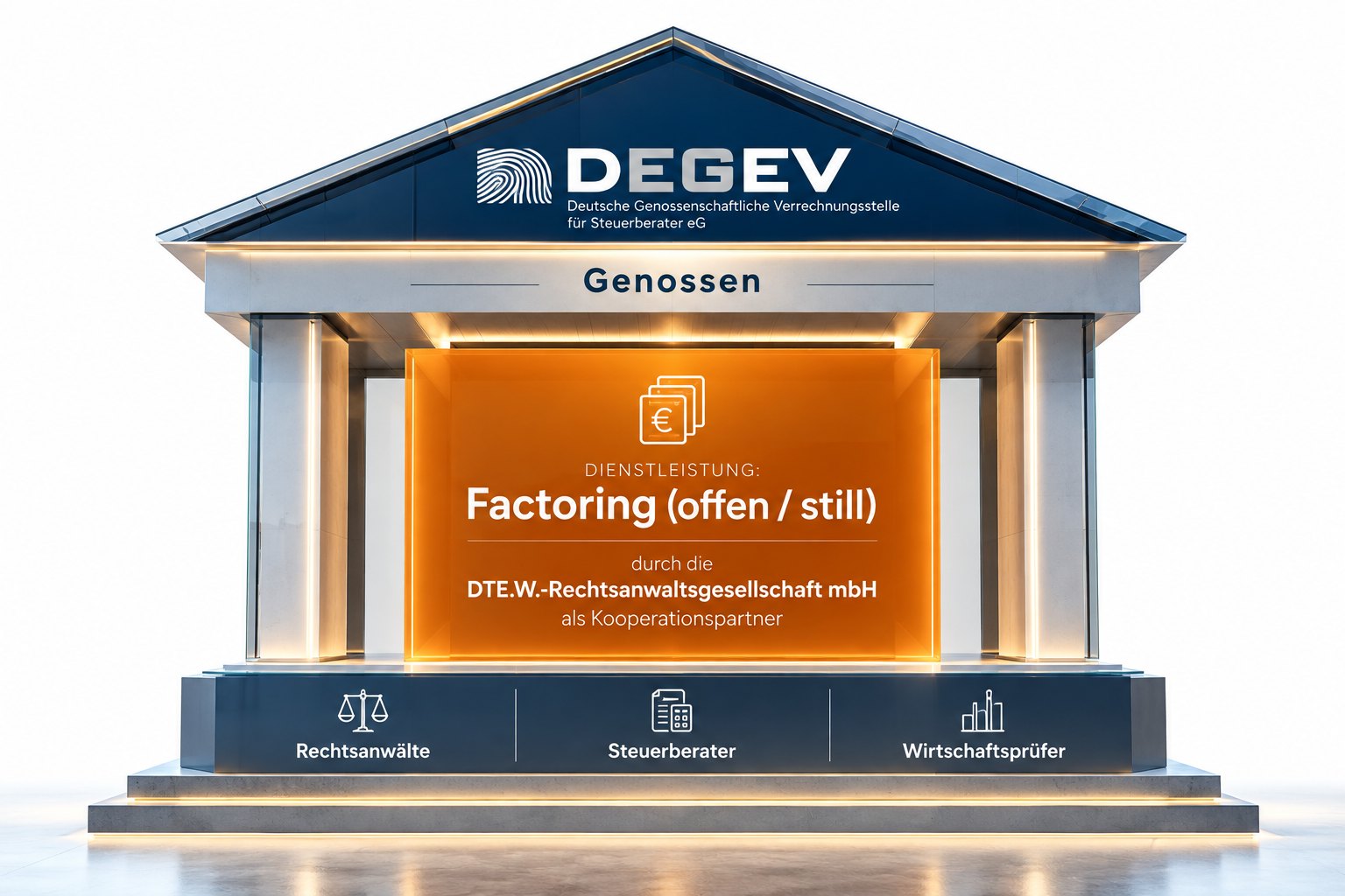 Schaubild: Die DEGEV eG als Genossenschaft von Rechtsanwälten, Steuerberatern und Wirtschaftsprüfern, mit dem Factoring durch die Dte. W. Rechtsanwaltsgesellschaft mbH als Kooperationspartner